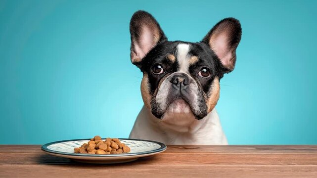 A French bulldog gazes longingly at a plate of dog food against a blue backdrop