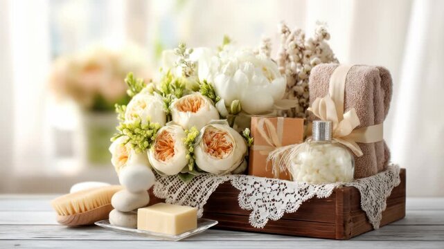 A spa gift set with flowers, soap, stones, a brush, and a towel