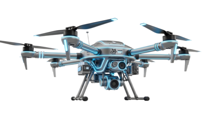 Futuristic Military Drone with Multiple Rotors and Advanced Sensors in White Background