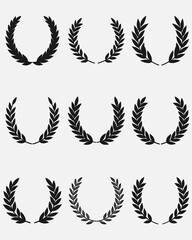 Set of wreaths and branches with leaves. Hand drawing laurel wreaths and branches collection. Laurels wreaths, swirls, twigs and flower ornaments .Black Laurel Wreath Vector Graphic on White Backgroug