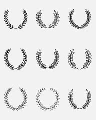 Set of wreaths and branches with leaves. Hand drawing laurel wreaths and branches collection. Laurels wreaths, swirls, twigs and flower ornaments .Black Laurel Wreath Vector Graphic on White Backgroug