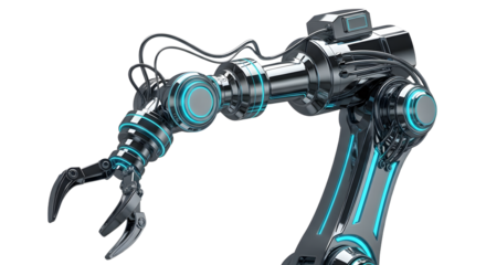 Futuristic Robot Arm with Claw Gripper in Metallic Black and Blue Neon Accents