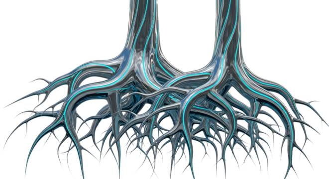 Futuristic Neural Network Roots with Blue Highlights on White Background