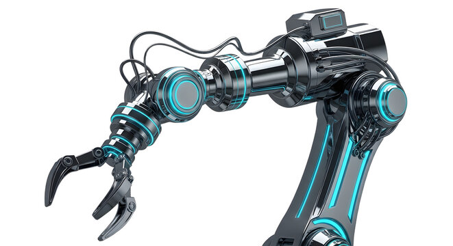 Futuristic Robot Arm with Claw Gripper in Metallic Black and Blue Neon Accents - Powered by Adobe