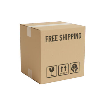 Brown cardboard box with 'FREE SHIPPING' text and handling symbols on a black background