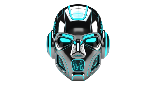 Futuristic Robot Head with Cybernetic Design and Blue Lighting on White Background