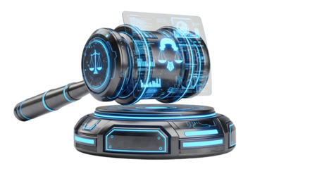 Futuristic Robotic Gavel with Digital Cloud and Scales Symbols in Holographic Style