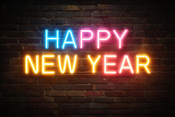 Celebrate New Year's Eve with vibrant neon lights on a brick wall, perfect for holiday greetings, party invitations, and festive event promotions