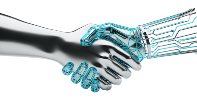 Futuristic Robotic Hand Shaking Human Hand in Technology Concept - Powered by Adobe