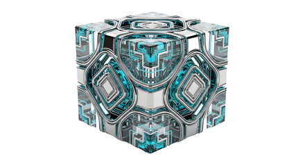 Fototapeta premium Futuristic Sci-Fi Style Geometric Cube with Neon Blue Highlights on White Background
