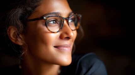 Smiling friendly young woman wearing spectacles, under gentle studio light, highlighting warm expression and stylish look, serene portrait scene, calm friendly lighting, with copy 