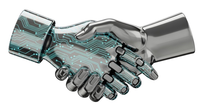 Futuristic Silver Robotic Hand Shaking with Digital Circuitry in Technology Concept