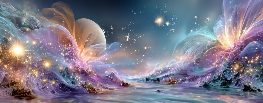 Whimsical cosmic landscape with vibrant colors. Abstract Spiritual Background Dreamlike Waves Abstract Spiritual Background Celestial Light Abstract Spiritual Background Meditation Mood