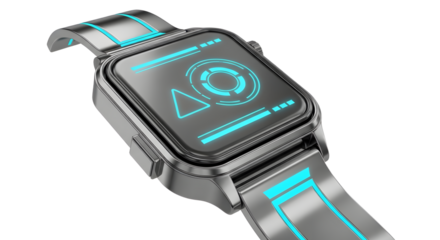 Futuristic Smartwatch with Glowing Blue Interface in Silver Metallic Design