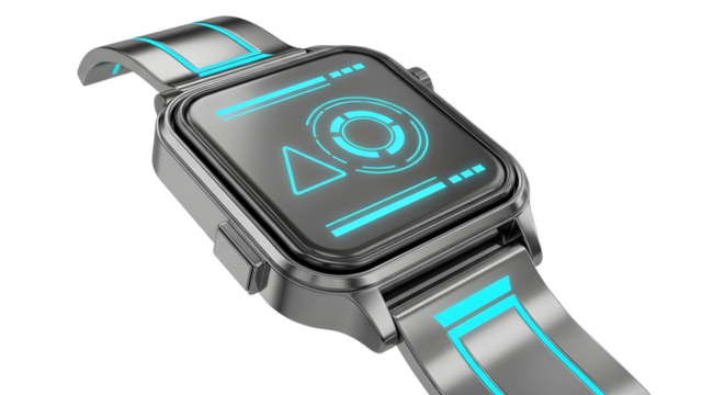 Futuristic Smartwatch with Glowing Blue Interface in Silver Metallic Design