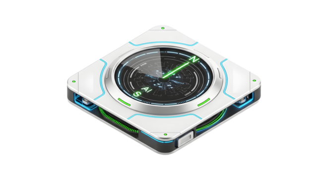 Futuristic Square Drone with Digital Compass Display in White and Blue Colors