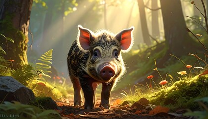Charming wild piglet in a forest illuminated by sunlight