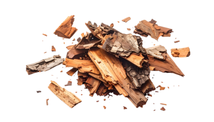 Pile of weathered wood with textured bark against black background