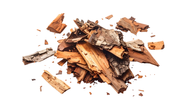 Pile of weathered wood with textured bark against black background