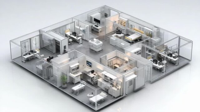 3D isometric view of a modern glass-walled office floor with multiple private rooms and open workspaces.