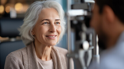 Senior woman carefully discussing and reviewing detailed eye test results with knowledgeable male ophthalmologist during comprehensive hospital consultation for improved vision car