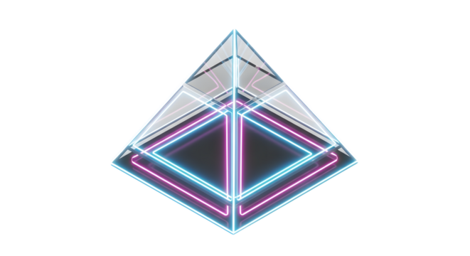 Neon Illuminated Glass Pyramid with Colorful Lights on White Background