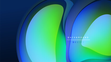 Abstract fluid shapes overlap, creating vibrant blue, green gradients. Dark background emphasizes luminous forms, modern design element.
