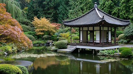Naklejka premium Idyllic scene of a traditional japanese gazebo reflecting in a calm pond surrounded by lush greenery and colorful foliage in a serene garden