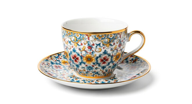 Exquisite teacup and saucer isolated on white background, adorned with intricate floral patterns and gold trim, perfect for a relaxing tea time - Powered by Adobe