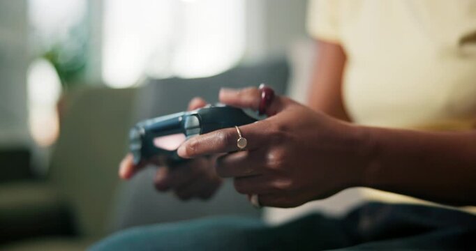 Hands, woman and play video game in home for relax, entertainment and esports. Gamer, console and person in living room with controller for challenge, hobby and online competition with technology