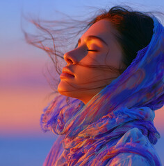 A tranquil portrait of a young woman by the ocean, immersed in a peaceful moment, enveloped by gentle breezes and soft hues.
