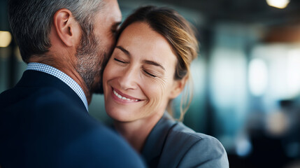 Smiling male professional executive with eyes peacefully closed embracing female businesswoman colleague celebrating after successfully sealing important business deal in modern