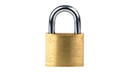 A shiny, closed padlock, brass body with a silver shackle