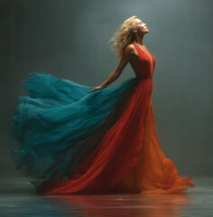 An exquisite portrayal of a dancer in a vibrant, flowing dress, symbolizing freedom and elegance in graceful motion.