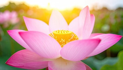 Fototapeta premium Pink Lotus Blossom Under Sunlight with Golden Pistil Floral Elegance and Serene Beauty in Open Field