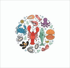 Art & Illustration
Colorful seafood illustration with fish, crab, lobster, octopus, shells, and shrimp in circle design