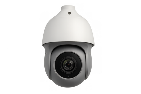 White pan-tilt-zoom security camera monitoring surveillance system
