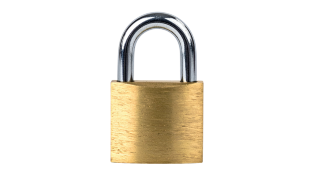 A shiny, closed padlock, brass body with a silver shackle