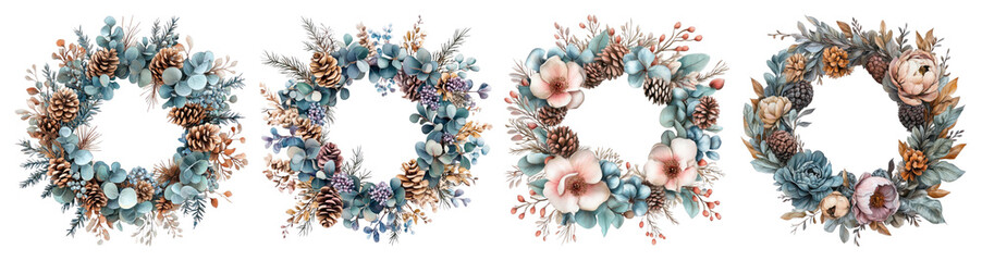 Fototapeta premium Rustic floral wreaths with pinecones
