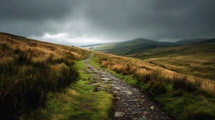 Dramatic winding cobblestone path ascends through lush green and golden grassy hills under a moody, overcast sky, inviting exploration and adventure into the vast landscape