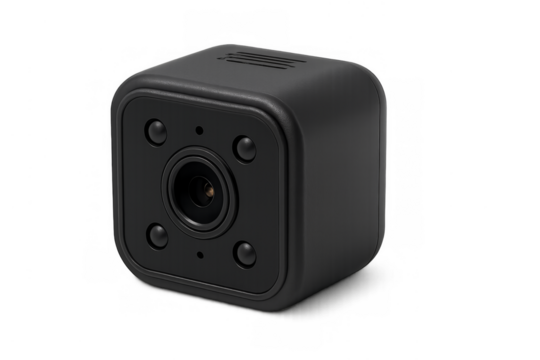 Mini spy camera recording surveillance video on transparent background