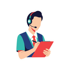 Customer service representative taking notes with headset.