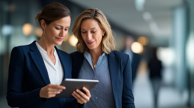 Professional businesswomen analyzing annual financial reports on digital tablet device while walking together and generating innovative business ideas in corporate office hallway