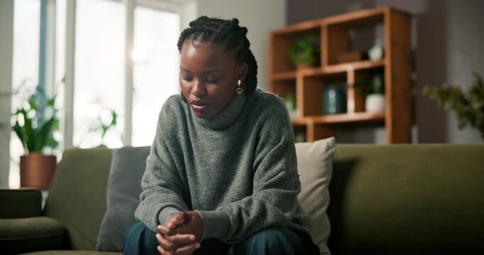 Stress, thinking and woman with pressure, home and anxiety for scholarship loss and financial crisis. Serious, reflection and black person with regret in lounge, debt and frustrated with student loan