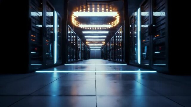Dark Server Room Corridor with Blue Lights and Glowing Accents