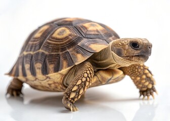 Naklejka premium Radiated tortoise walking on a white surface in a studio setting close up