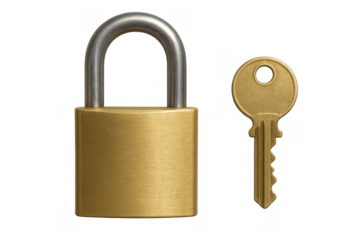 Brass padlock and metal key security concept