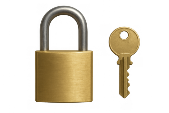 Brass padlock and metal key security concept