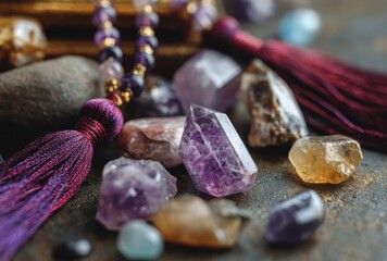 Discover inner peace with amethyst crystals and a mala bracelet, perfect for mindful meditation and holistic wellness practices in a tranquil setting