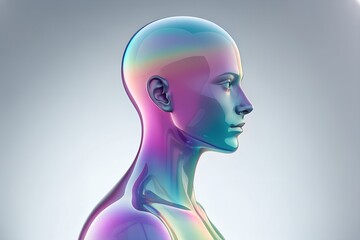 Profile of a translucent human bust with iridescent rainbow colors
